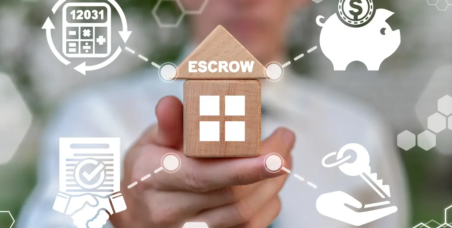 Wooden house labeled escrow in a hand, surrounded by icons for calculator, savings, contract, and keys