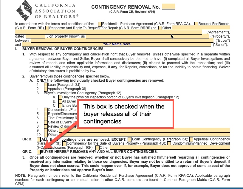 Contingency removal form