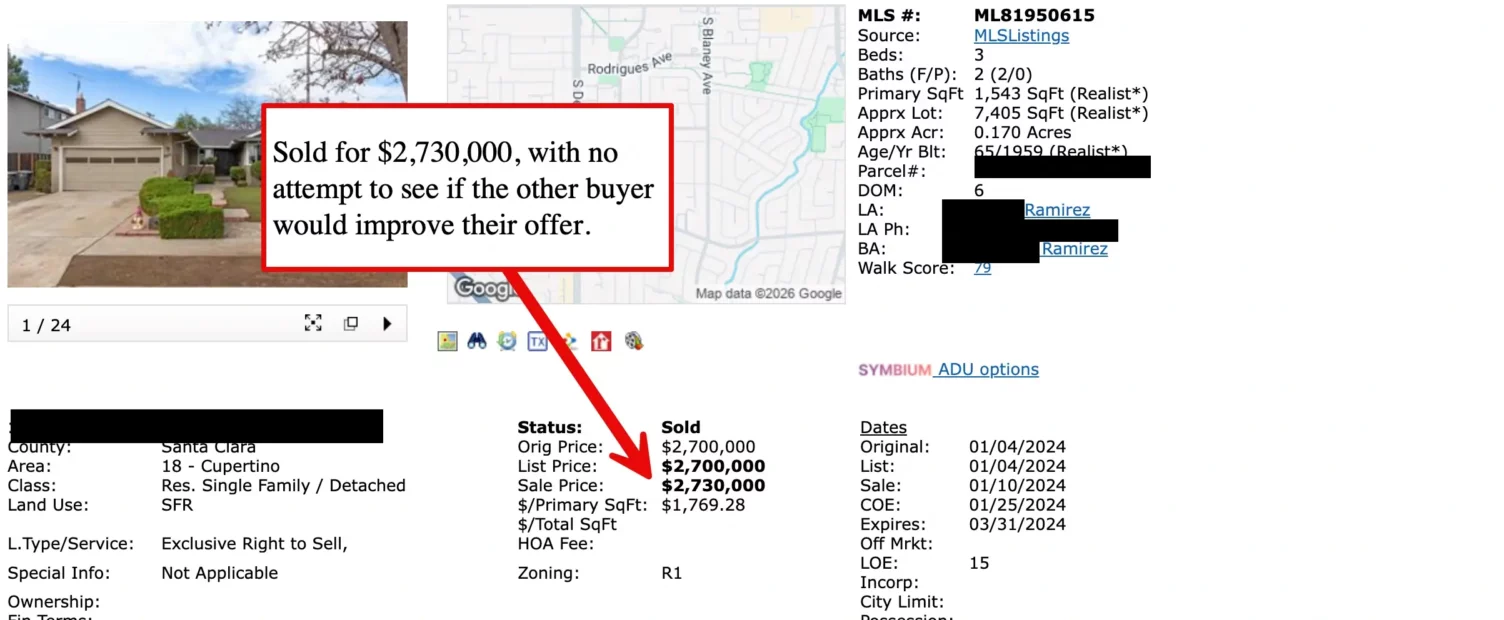 MLS listing details showing home sold for $2,730,000 in a dual agency transaction (sale price highlighted)