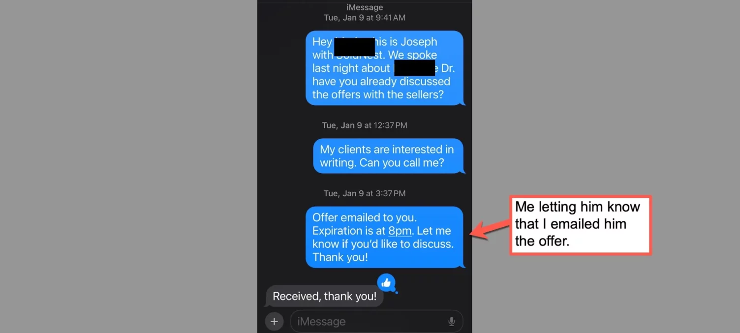 Text message confirming the buyer’s offer was emailed to the listing agent and expires at 8 PM