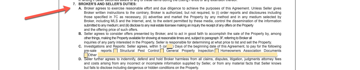 Realtor contract explaining the duties of the broker and home seller 