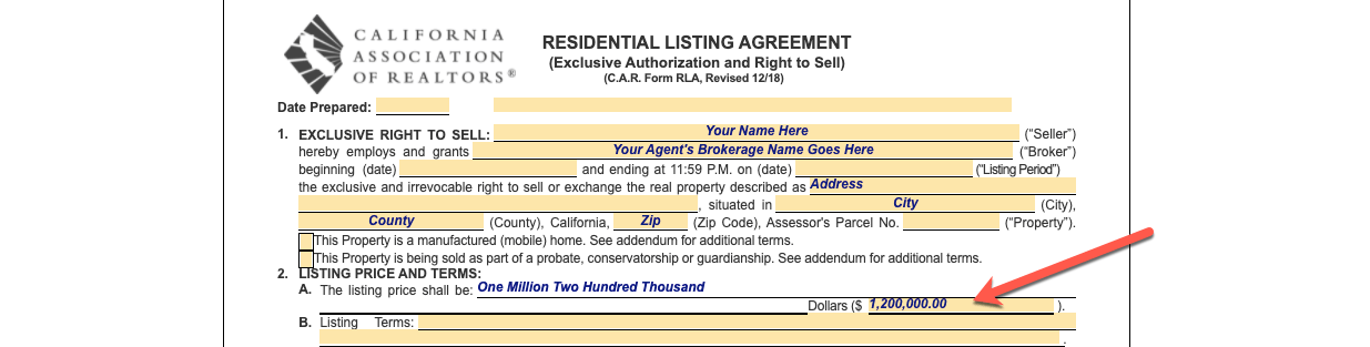 Listing price in realtor contract