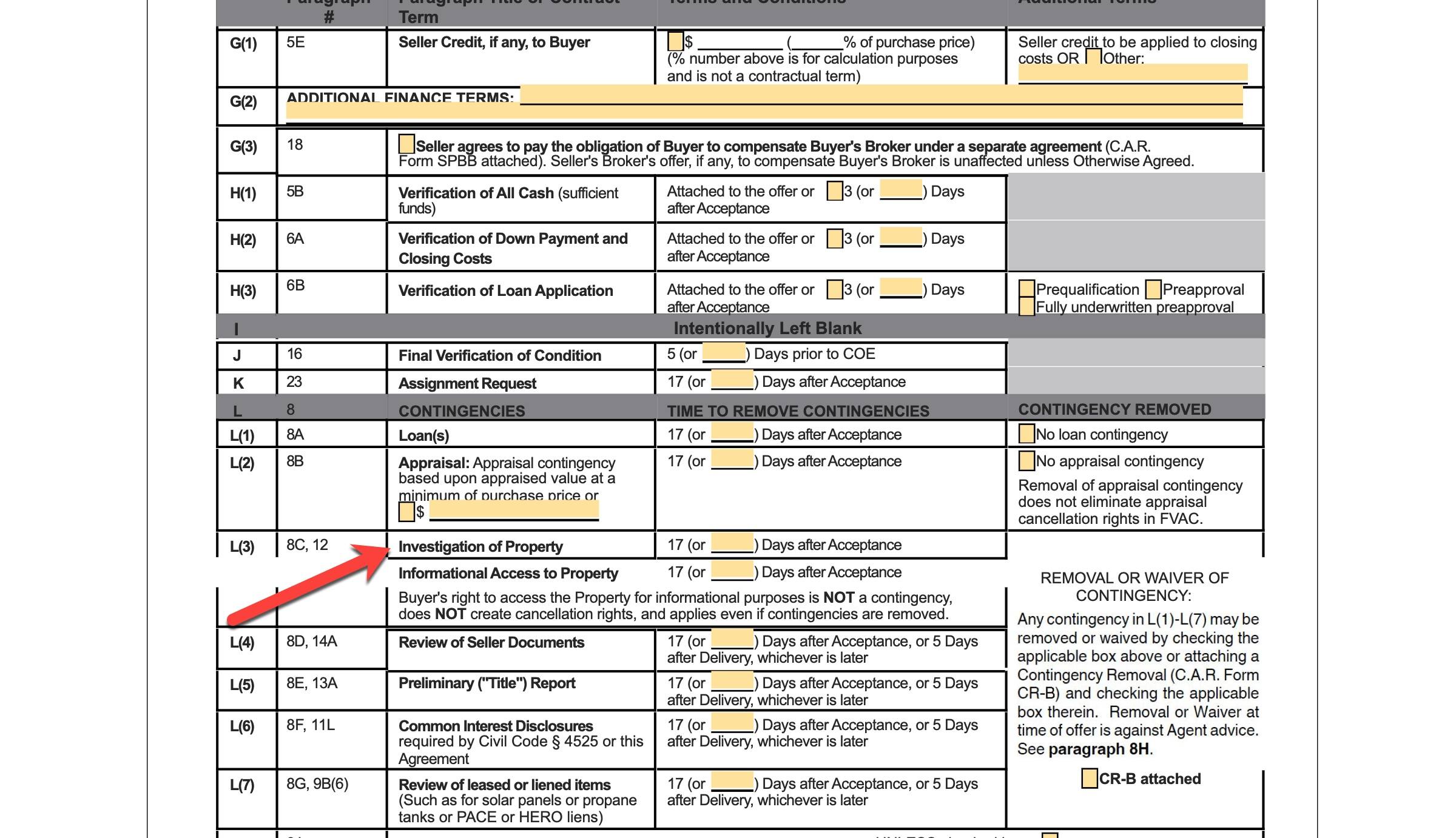 Screenshot highlighting 'Investigation of Property' as term for Home Inspection Contingency in real estate contract