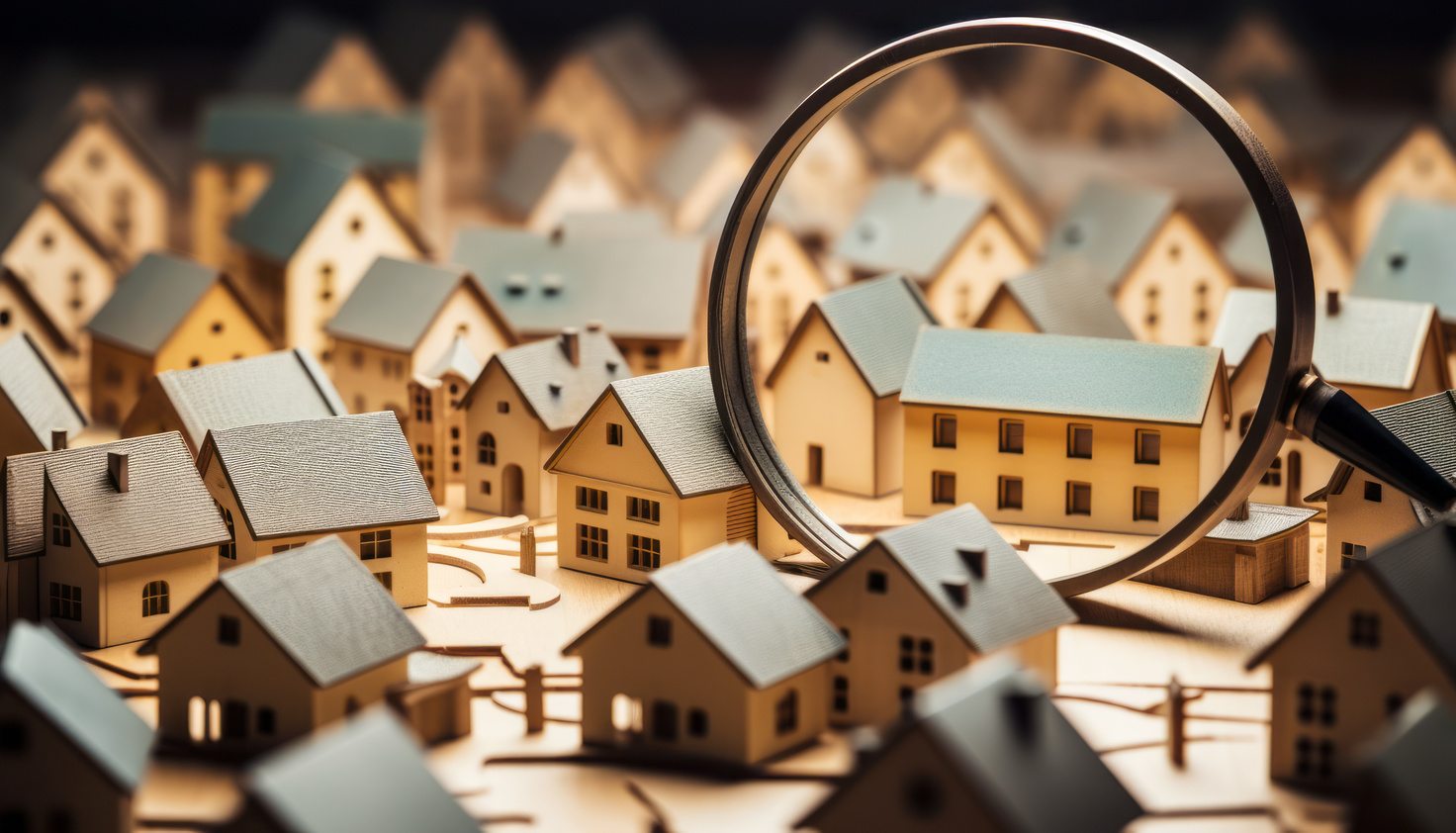Magnifying glass highlighting specific wooden houses, symbolizing the scrutiny in deciding whether to get a home appraisal before selling.