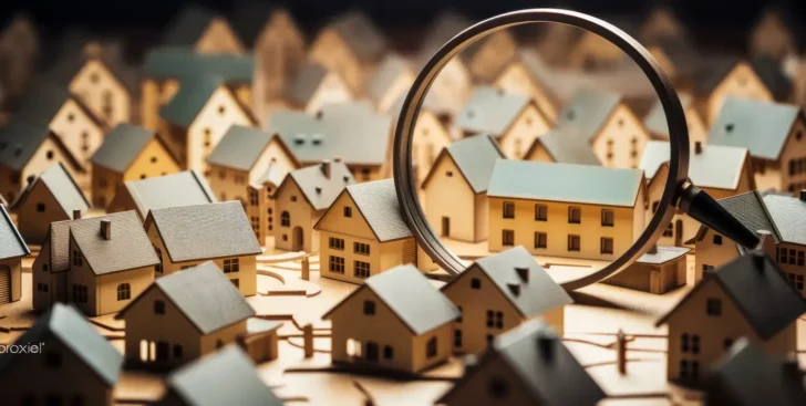 Magnifying glass over model homes, representing whether to get a house appraised before selling
