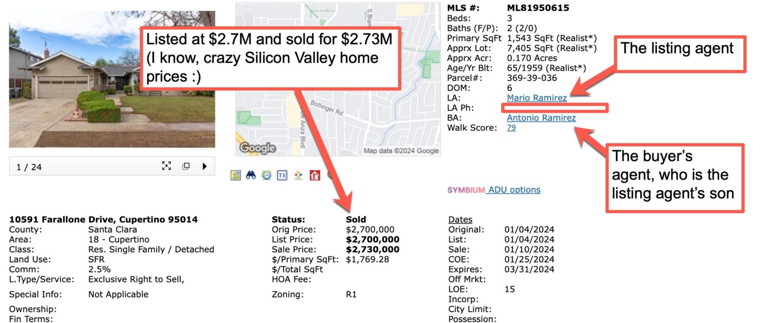 MLS listing showing home sold for $2,730,000, listed at $2,700,000, with listing agent's son representing the buyer and a competing offer hidden from the seller.