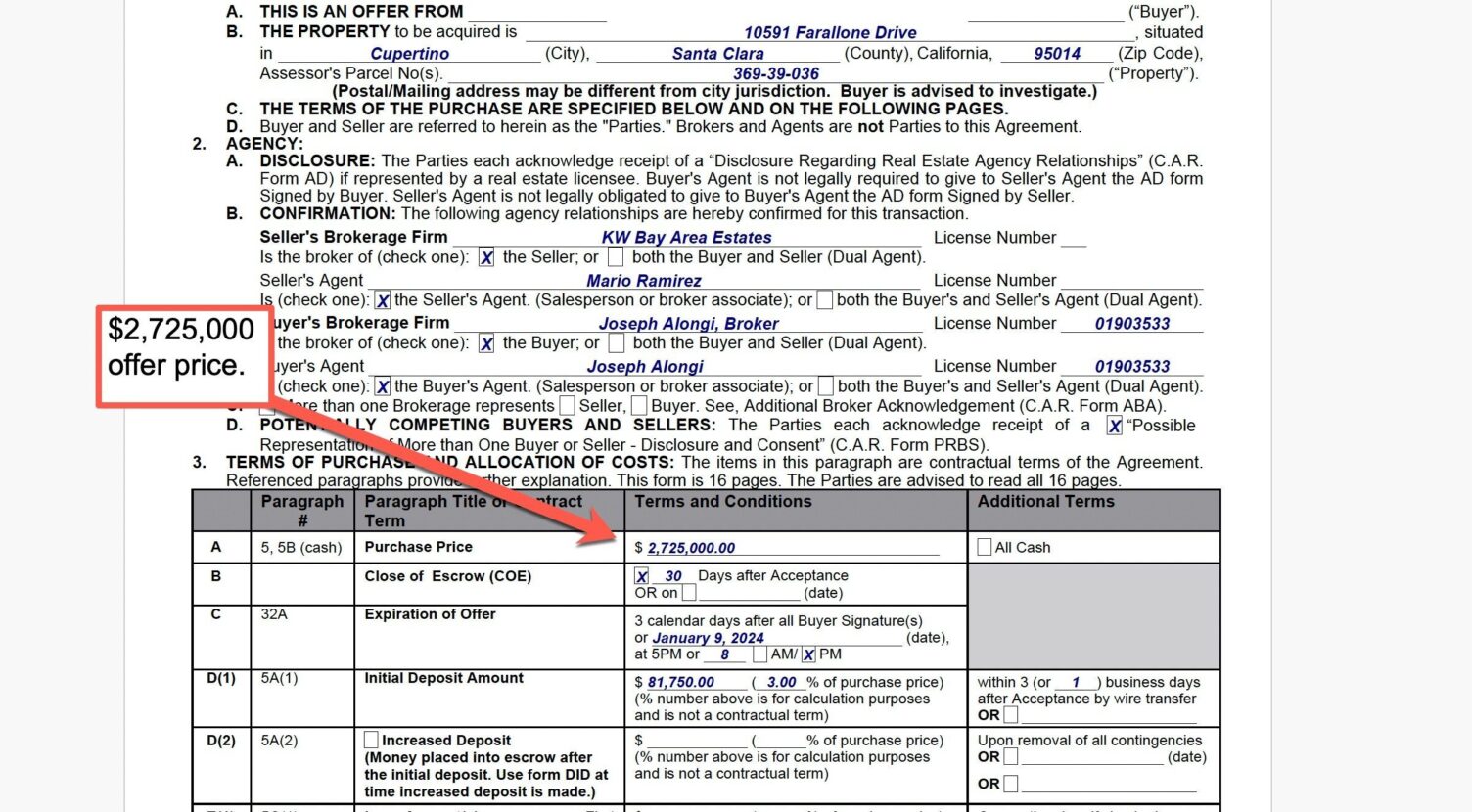 Real estate purchase contract showing buyer's offer price of $2,725,000.