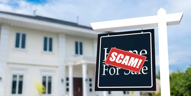 For sale sign stamped with scam in front of a house, representing tricks real estate agents play