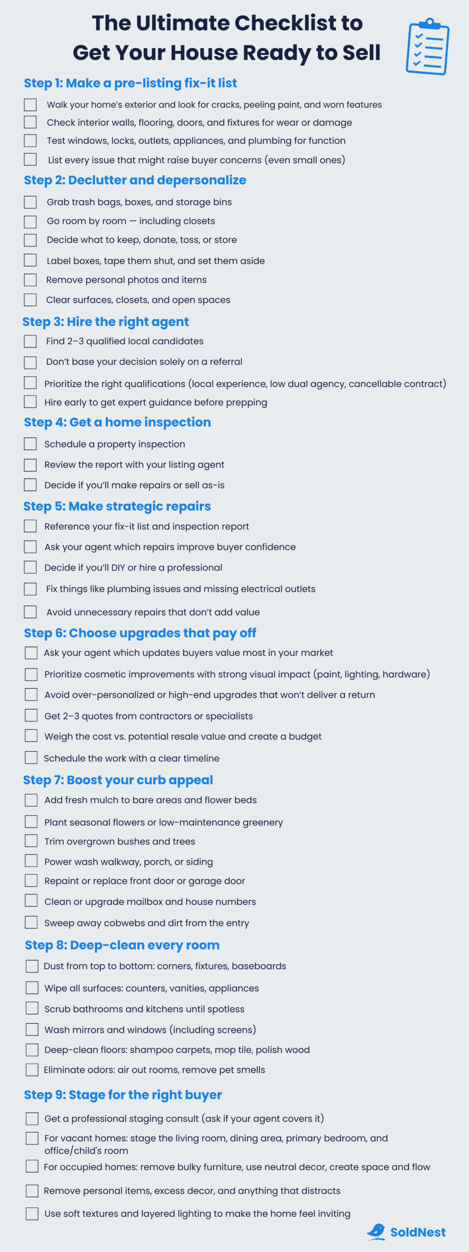 Infographic showing a checklist of 9 key steps to getting a house ready to sell.