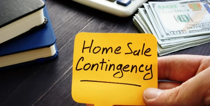 Hand holding a sticky note reading home sale contingency next to a calculator and cash