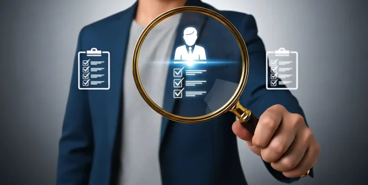 Person holding a magnifying glass over a candidate profile, representing where to find a Realtor
