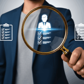 Magnifying glass highlighting a real estate agent profile with checklist icons, symbolizing where to find a Realtor